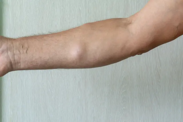 Soft lump of a lipoma under the skin of a forearm
