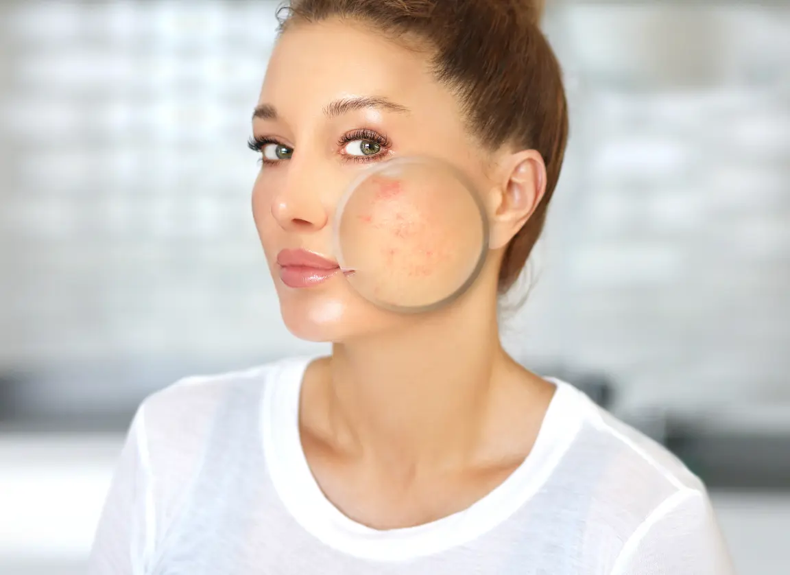 Dermatology provider examining a patient’s cheek with a magnifier